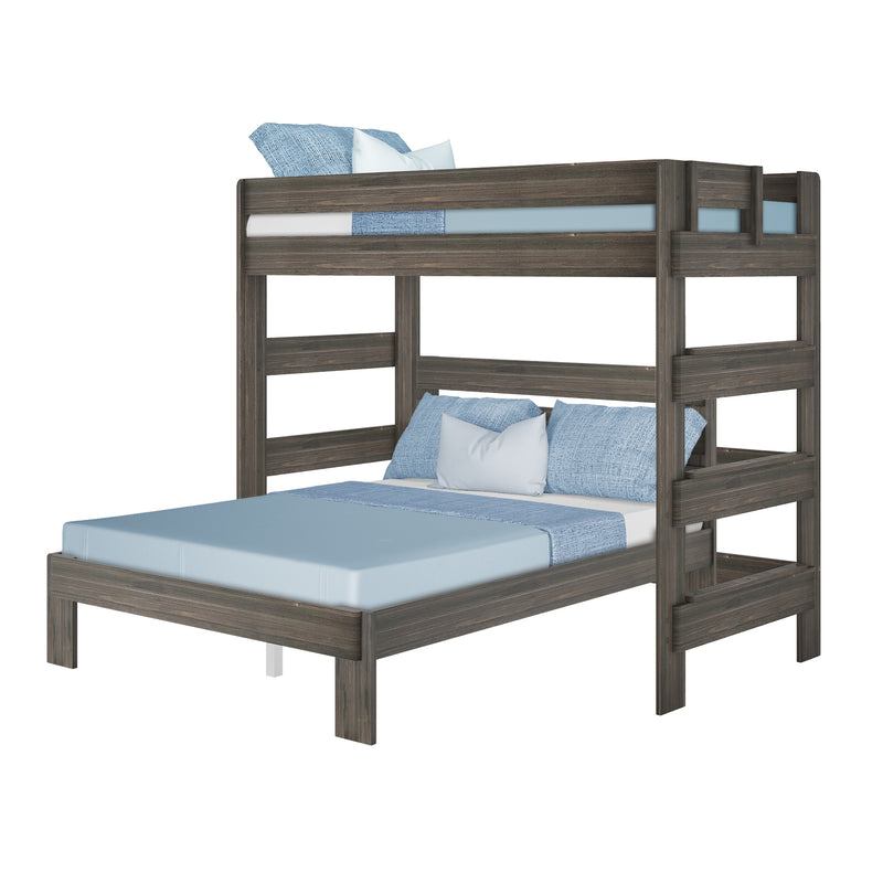 Gray wood twin-over-full bunk bed with light blue bedding and protective side rails, solid wood frame for kids' bedroom