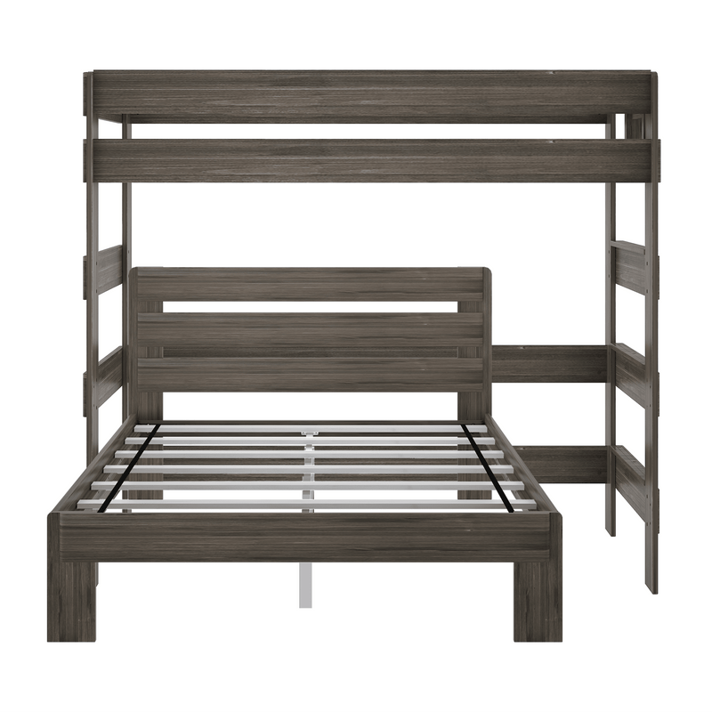 Lofted wood bed frame with built-in desk and ladder for small spaces.