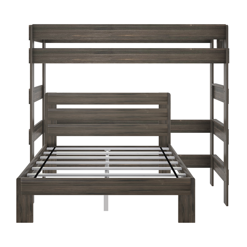 Twin-over-full gray wood bunk bed frame with slatted mattress support and modern rustic finish, space-saving bedroom furniture