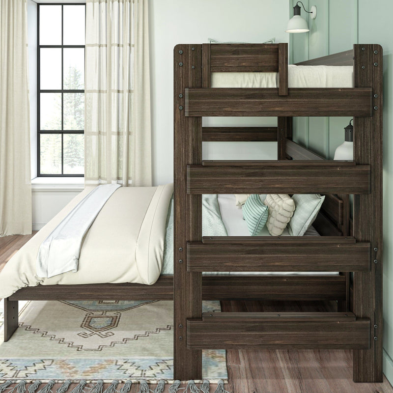 Modern wooden bunk bed in a cozy bedroom with natural light and stylish decor.