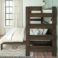 Dark-stained twin-over-twin bunk bed in modern rustic bedroom with neutral bedding, mint accent wall, sheer curtains and pendant lamp