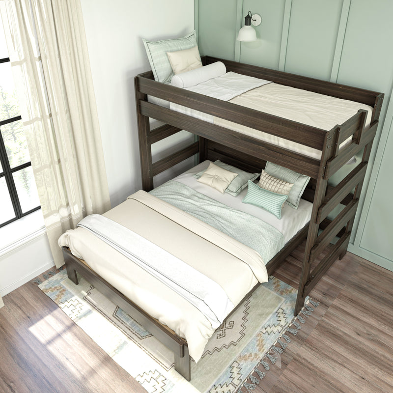 Wooden twin-over-full bunk bed with neutral bedding, decorative pillows and sheer curtains against a mint-green paneled wall — space-saving kids' bedroom design