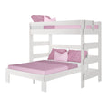 White wooden twin-over-full bunk bed with pink bedding, guardrails and ladder, space-saving kids bedroom furniture
