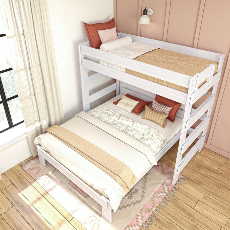 White wooden twin-over-full bunk bed in a bright bedroom with floral bedding, rust and beige throw pillows, ladder, hardwood floor and area rug