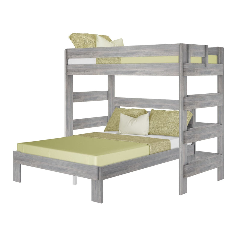 Grey-washed wood twin-over-full bunk bed with ladder, green bedding and pillows, modern space-saving kids' bedroom furniture