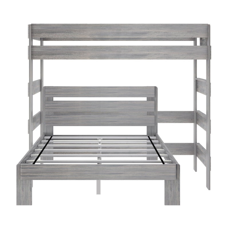Wooden loft bed frame in a grey finish with ladder and sturdy slat support.
