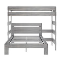 Gray-washed wooden twin-over-full bunk bed frame with slatted platform and modern farmhouse finish