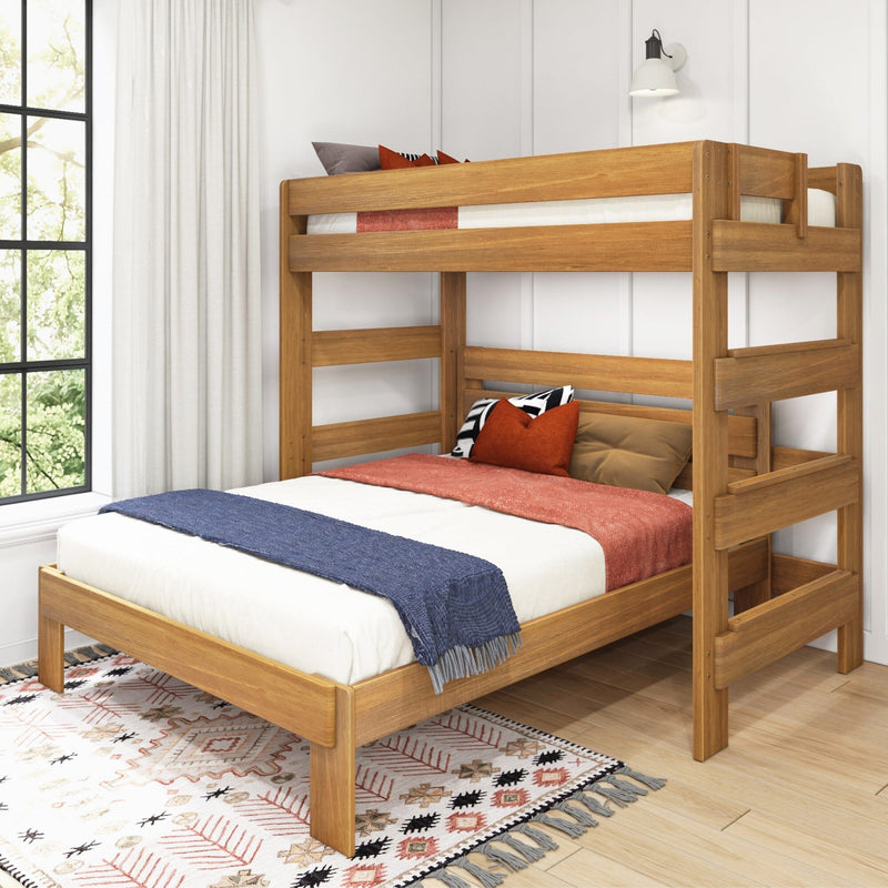 Natural wood bunk bed in a modern kids' bedroom with white bedding, rust accent pillows, blue throw blanket, patterned area rug and large window — loft-style wooden bunk bed for children's room