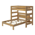 Solid wood loft bunk bed frame in natural oak finish with slatted mattress support and safety rails, modern minimalist children's bedroom furniture