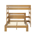 Natural oak-finish wooden bunk bed frame with slatted mattress supports, safety rails and ladder-style side supports — modern minimalist kids' bedroom furniture