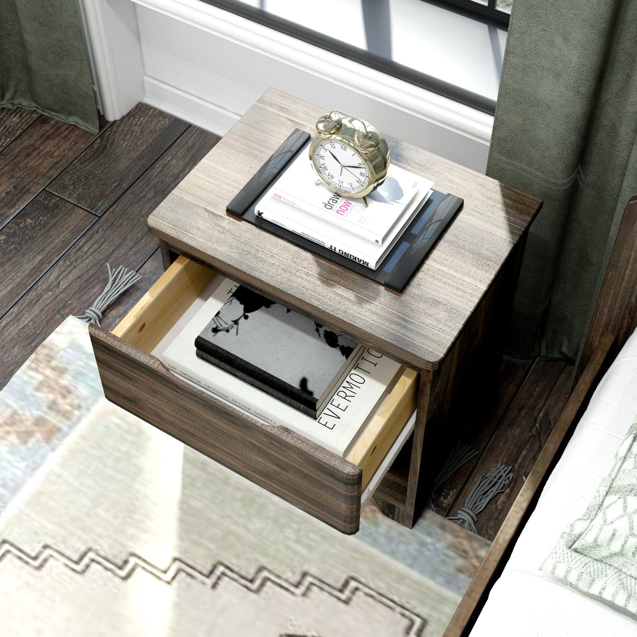 190001-181 : Furniture K/D 1 Drawer Nightstand w/ metal drawer glides (22"L x 15.75"W x 23.75"H), Barnwood Brown
