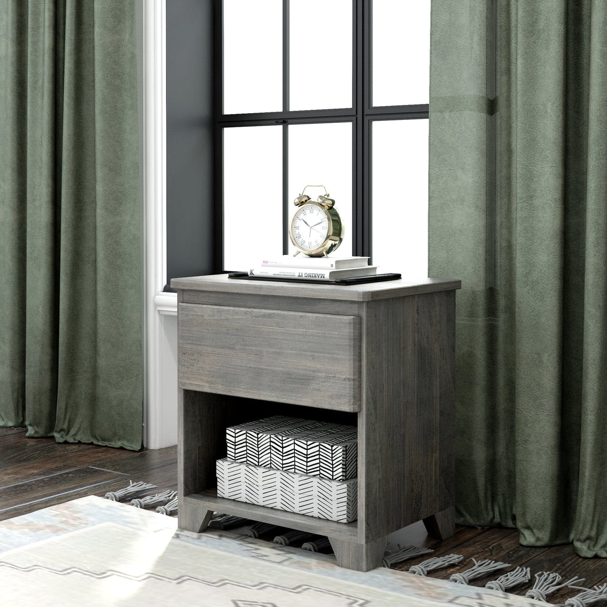 190001-185 : Furniture K/D 1 Drawer Nightstand w/ metal drawer glides (22"L x 15.75"W x 23.75"H), Driftwood