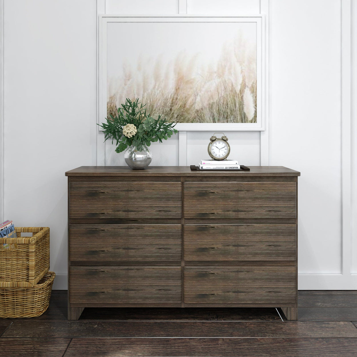 190006-181 : Furniture K/D 6 Drawer Dresser w/ metal drawer glides (52"L x 15.75"W x 32.75"H), Barnwood Brown