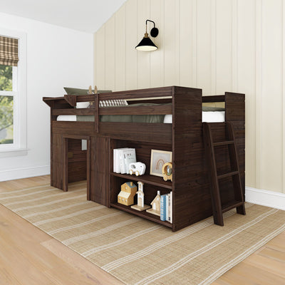 Dark walnut wood loft bed with built-in storage shelves, ladder and under-bed play area in a neutral kids' bedroom