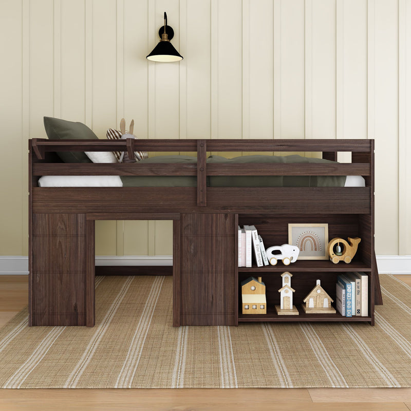 Mid-century modern dark wood loft bed with integrated storage shelves, featuring decorative books and wooden toys in a cozy children's room.