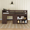 Dark walnut kids loft bed with built-in storage shelves, books and wooden toys in cozy beige bedroom