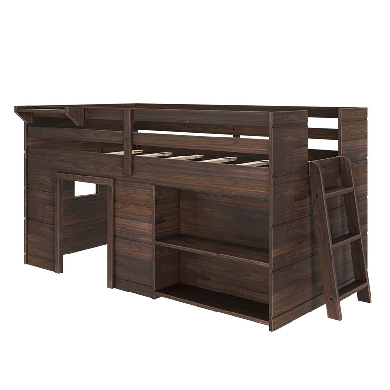 Wooden loft bed with ladder and storage shelves for kids' room furniture.