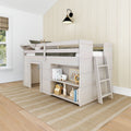 Whitewashed loft bunk bed with built-in storage shelves and ladder in a neutral modern farmhouse kids' bedroom with board-and-batten wall, black wall sconce and woven rug