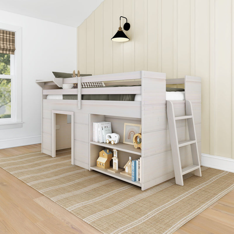Whitewashed loft bunk bed with built-in storage shelves and ladder in a neutral modern farmhouse kids' bedroom with board-and-batten wall, black wall sconce and woven rug