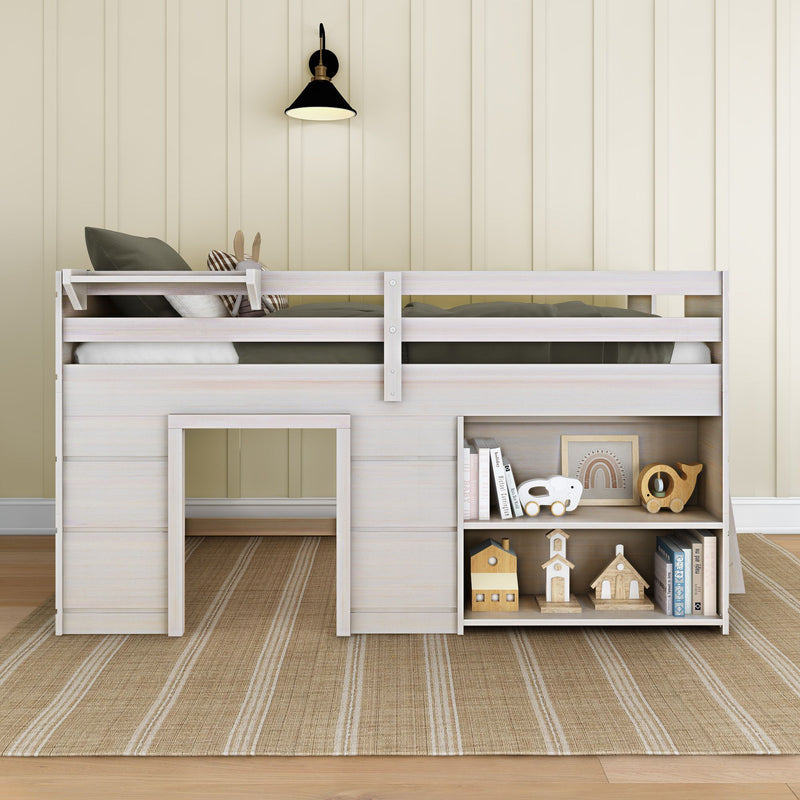 Wooden loft bunk bed with built-in shelves and ladder in a cozy children's room.