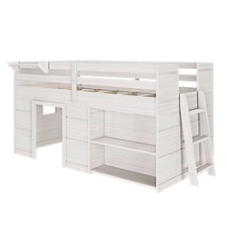 White wooden loft bed with built-in shelves and ladder for kids' room.