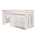 Whitewashed wooden loft bed with ladder, safety guardrail and built-in storage shelves and cubbies – kids' bunk bed frame