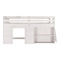 White wooden twin loft bed with safety rail, built-in storage shelves and ladder, farmhouse finish