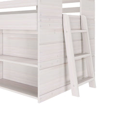 White wooden bunk bed with attached safety ladder for kids.
