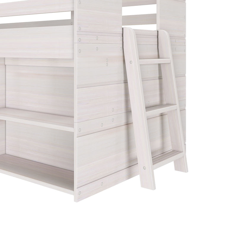 White wooden bunk bed with attached safety ladder for kids.