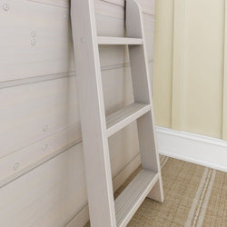Wooden ladder beside a cream-colored wall on a textured carpet, ideal for home decor and storage solutions.