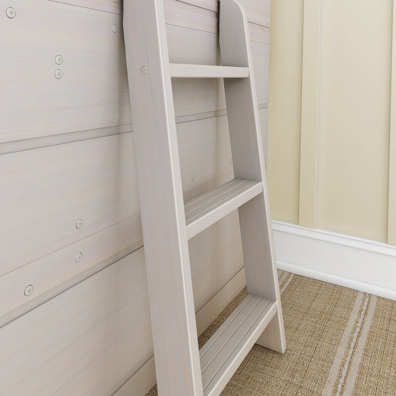 Wooden ladder beside a cream-colored wall on a textured carpet, ideal for home decor and storage solutions.