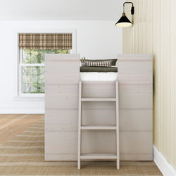 Loft bed with ladder in a modern children's bedroom featuring a plaid window blind and wall-mounted light fixture.