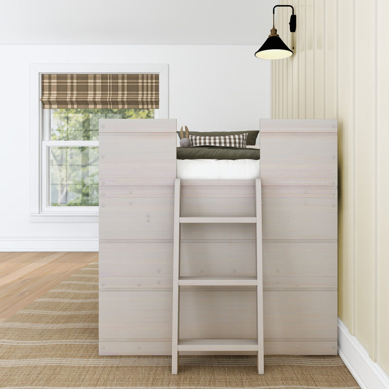 Loft bed with ladder in a modern children's bedroom featuring a plaid window blind and wall-mounted light fixture.