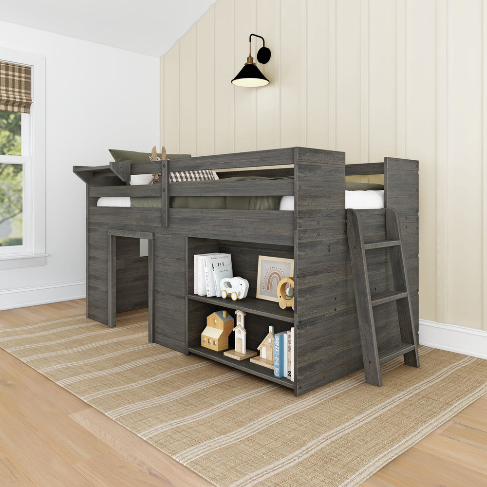 Dark wood loft bed with storage shelves and ladder in a cozy children's bedroom.