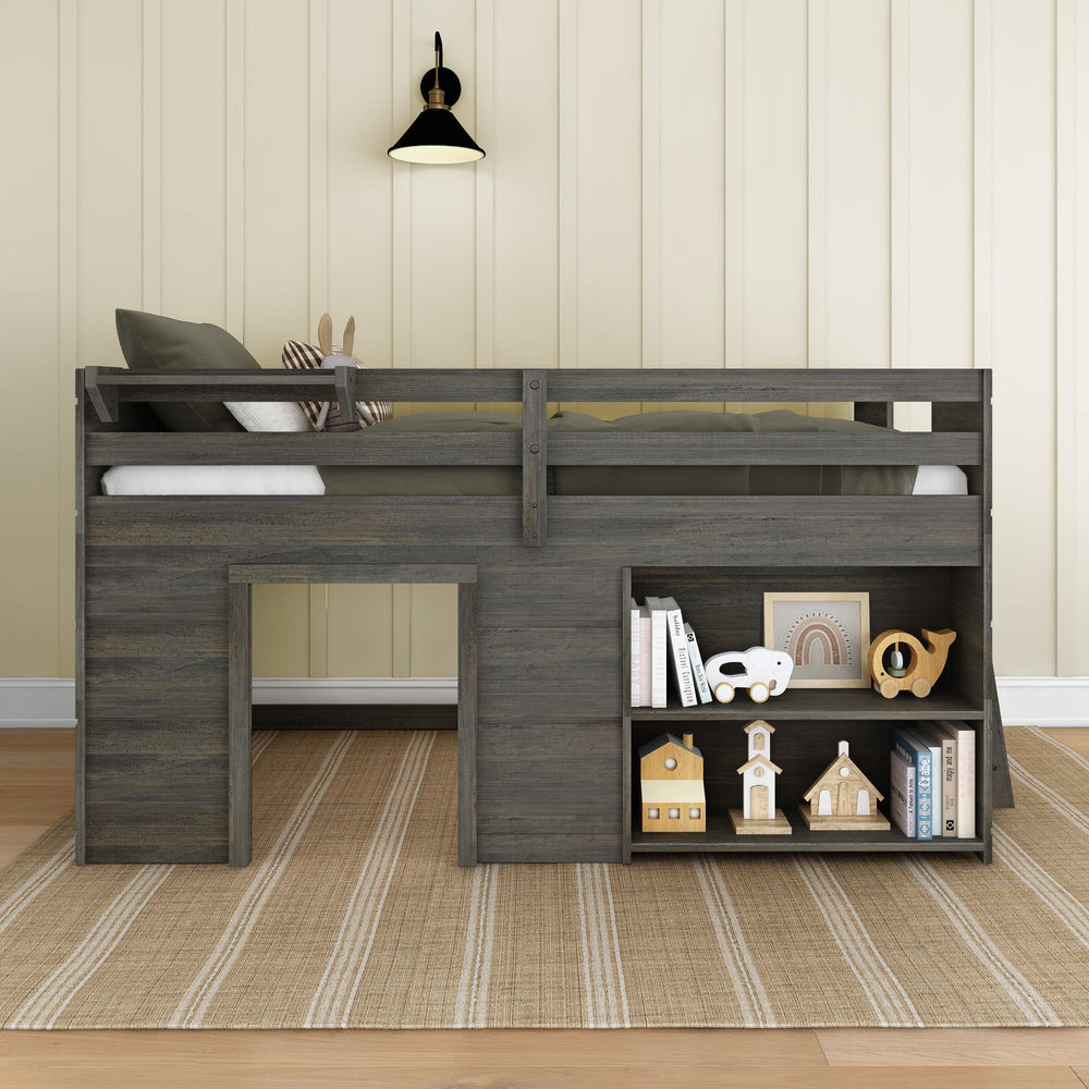 Gray wooden loft bed with bookshelf and toys in a modern children's bedroom.