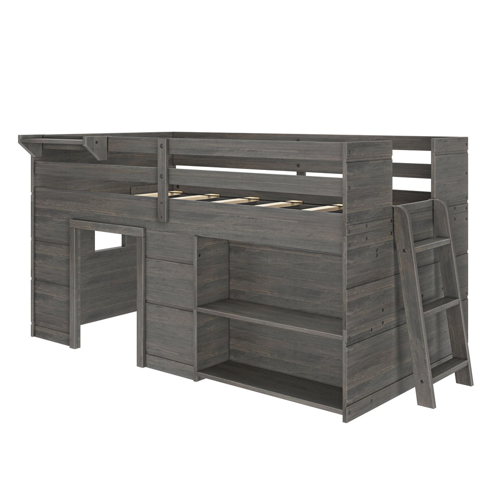 Gray wooden loft bed with integrated shelves and ladder for kids' bedroom storage solution.