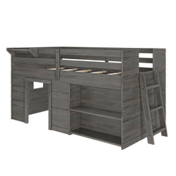 Gray wooden loft bed with integrated shelves and ladder for kids' bedroom storage solution.