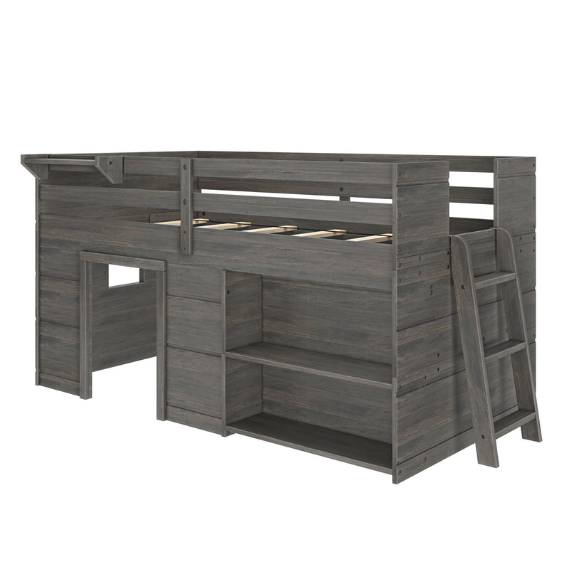 Gray wooden loft bed with integrated shelves and ladder for kids' bedroom storage solution.