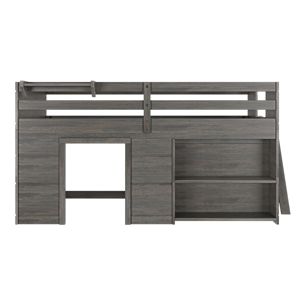 Loft bed with integrated shelves and space-saving design in dark wood finish.