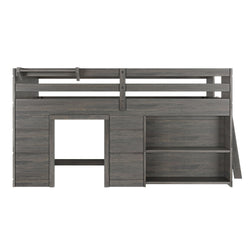 Loft bed with integrated shelves and space-saving design in dark wood finish.