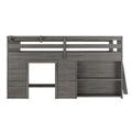 Farmhouse gray wooden loft bed with built-in shelves, storage cubbies, ladder and safety guardrail