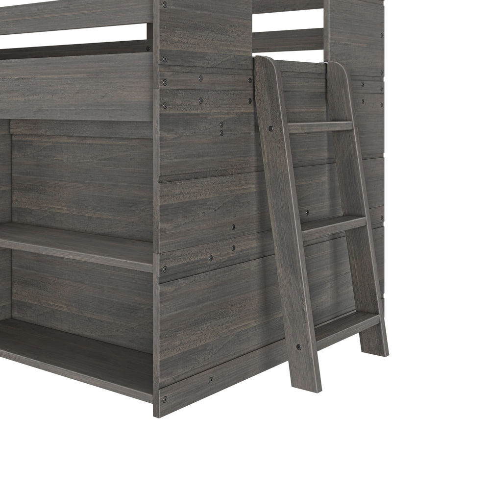 Gray wooden loft bed with attached ladder and shelving.