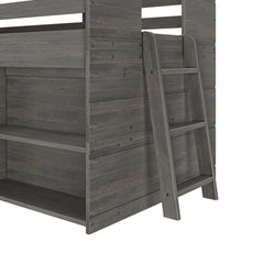 Gray wooden loft bed with attached ladder and shelving.
