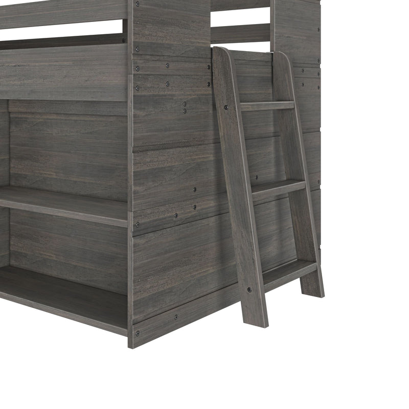 Gray wooden loft bed with attached ladder and shelving.