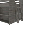Close-up of gray wooden bunk bed ladder and slatted frame with rustic finish, sturdy construction, and visible screw hardware