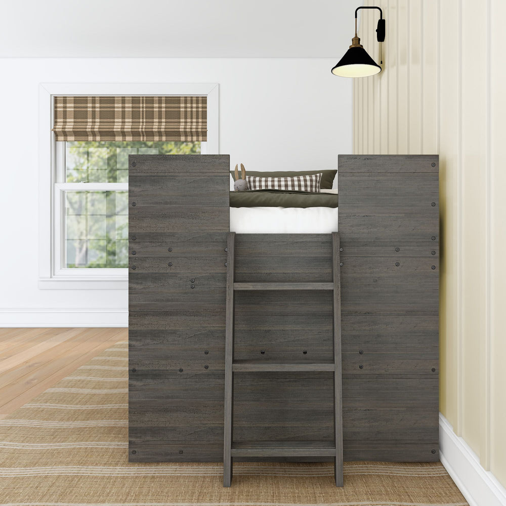 Loft bed with ladder and plaid bedding in modern bedroom setting.