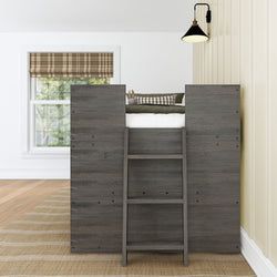 Loft bed with ladder and plaid bedding in modern bedroom setting.