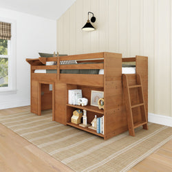 Wooden loft bed with integrated bookshelf and ladder in a cozy children's room.