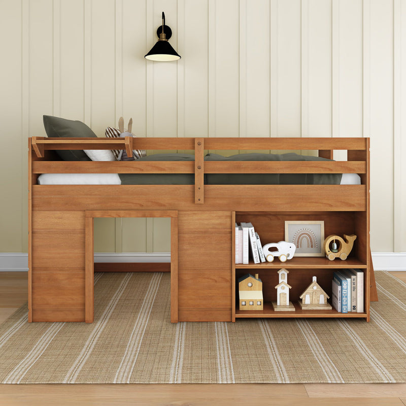 Wooden loft bed with storage shelves featuring toys and books in a cozy children's room.