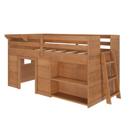 Wooden loft bed with built-in storage shelves and ladder for kids' room.